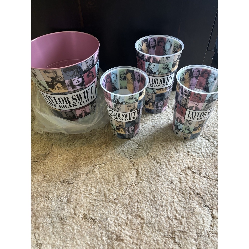 Taylor Swift The Eras Tour Movie Popcorn Bucket Pink Tin + 3 Cups AMC Souvenir